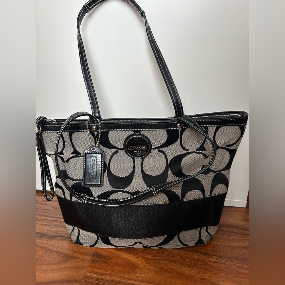 COACH Signature monogrammed tote black tan